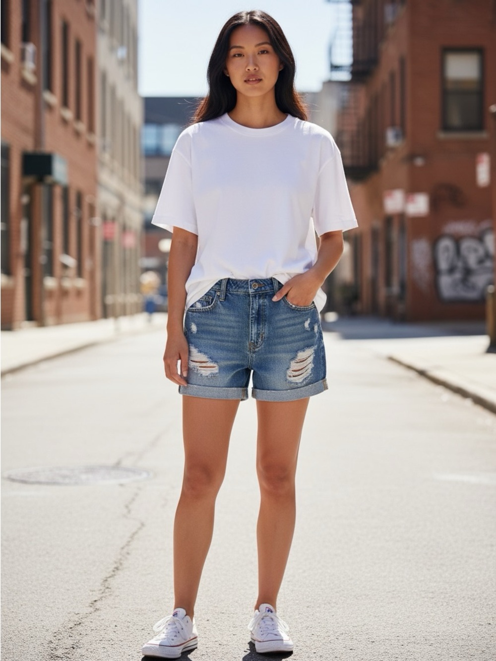eunina Light Blue High-Rise Rolled Shortie Jeans